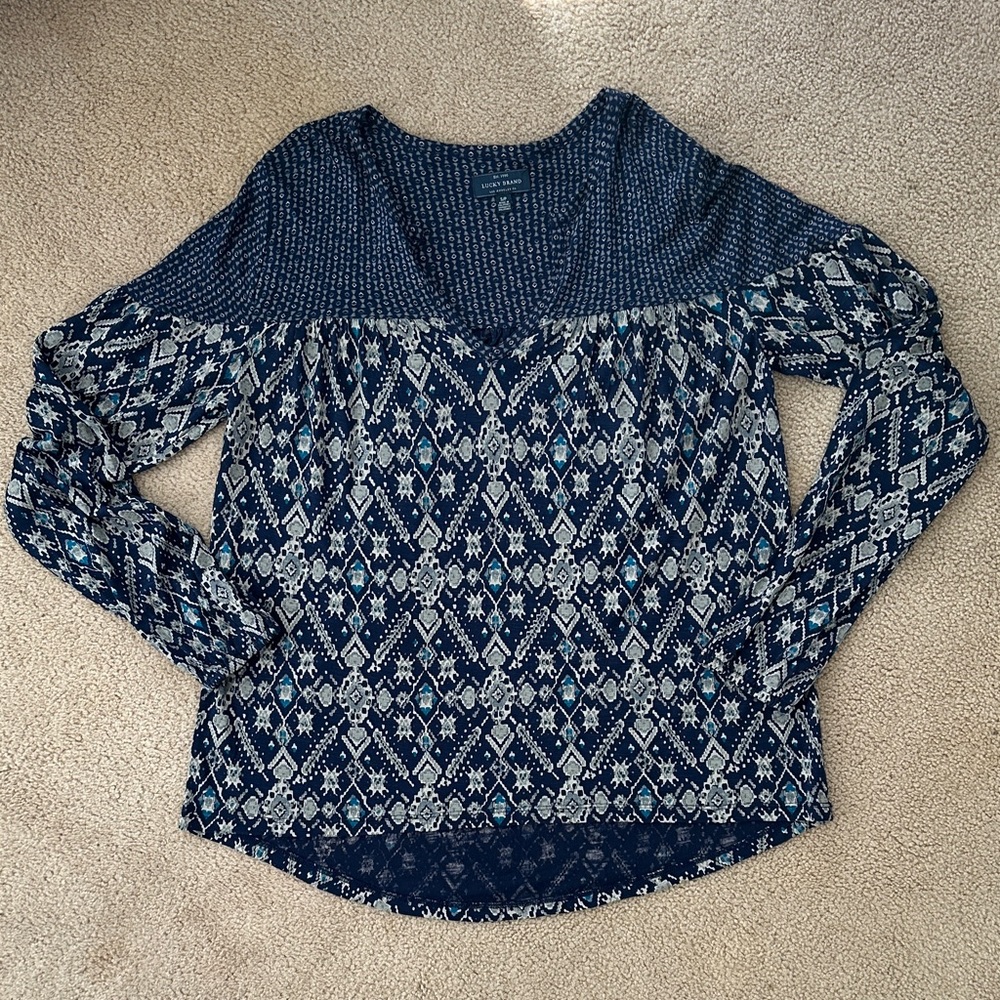 Lucky Brand Navy Geometric Print Top